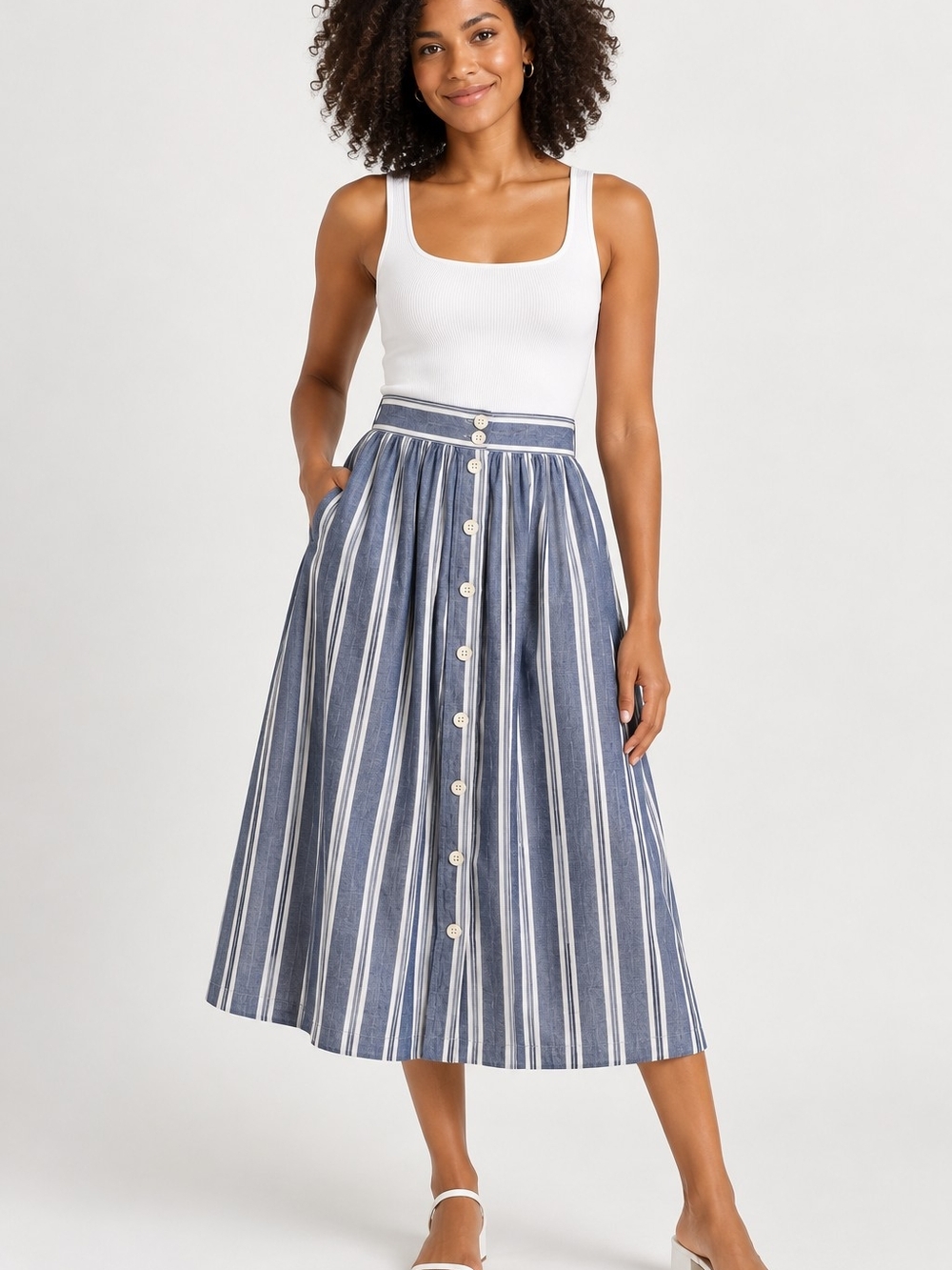 Max Studio Linen Cotton Striped Button Front Midi Skirt Size M